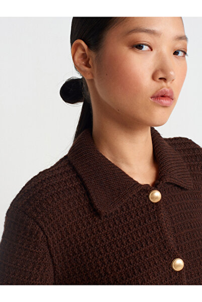 Dilvin 60925 Polo Neck Buttoned Knitwear Cardigan-Brown