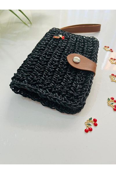 PİNKBAG Handmade Straw Cherry Black Wallet