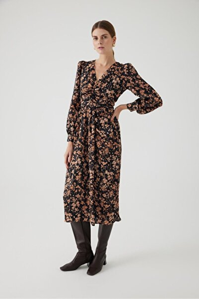 Exquise Çiçek Desenli V Yaka Bele Oturan Midi Elbise