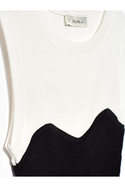 Dilvin 2647 Bisiklet Yaka Kolsuz Triko Bluz-siyah-ekru