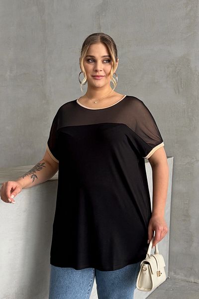 Stil Diva Μπλούζα με κοντό μανίκι με λαιμόκοψη με λεπτομέρεια από τούλι 303847