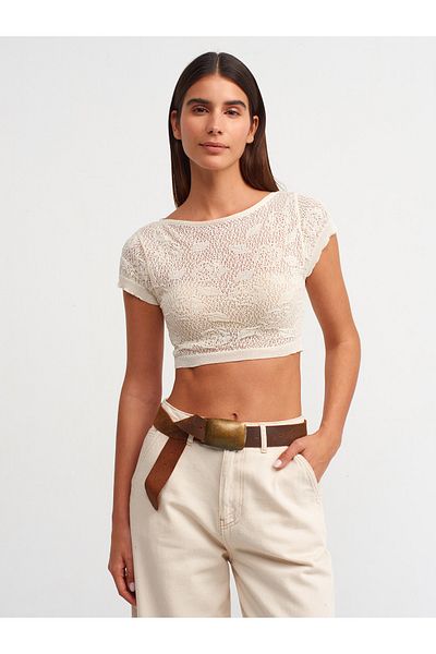 Dilvin 10553 Boat Neck Short Sleeve Floral Openwork Knitwear Blouse-Ecru