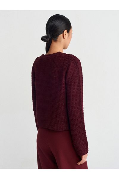 Dilvin 60298 Crew Neck Buttoned Knitwear Cardigan-Claret Red