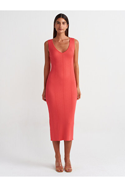 Dilvin 90177 Rochie din tricot cu coaste cu decolteu în V-Roșu
