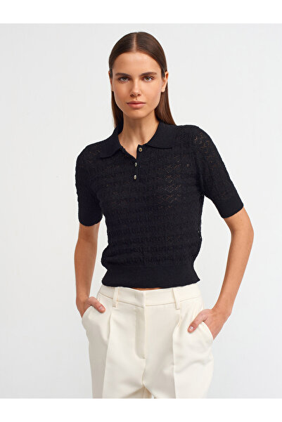Dilvin 10527 Polo Yaka Ajurlu Düğmeli Triko Kazak-siyah