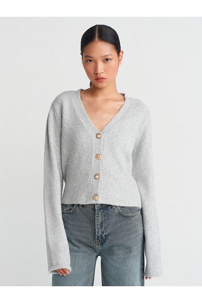 Dilvin 60273 V-Neck Buttoned Knitwear Cardigan-Gray
