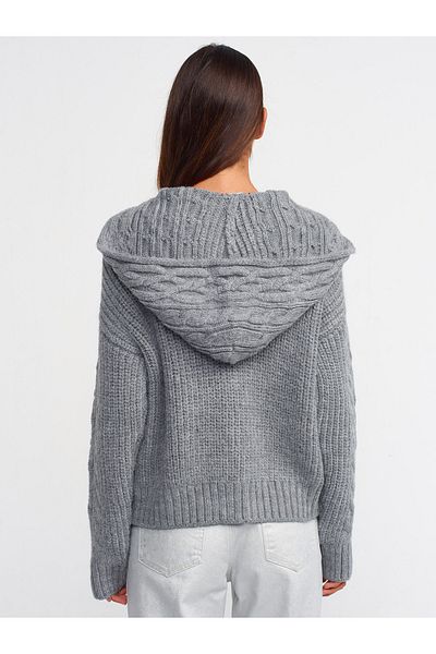 Dilvin 60209 Hooded Hair Knitted Zippered Knitwear Cardigan-Smoked