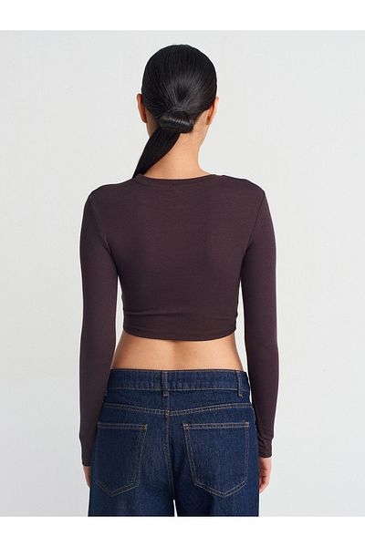 Dilvin 31236 Μακρυμάνικο Crop Top-Σκούρο Καφέ