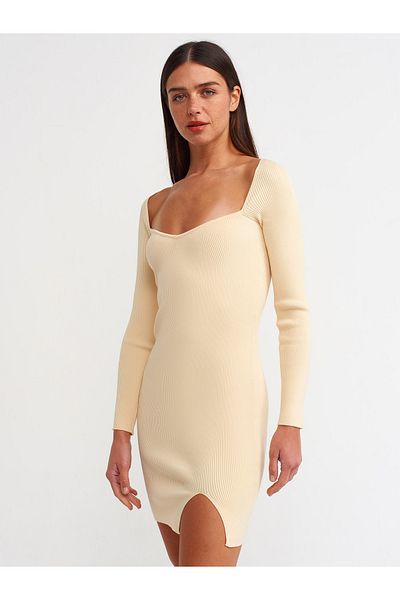 Dilvin 1063 Low-cut Front Ribbed Dress-t.yellow