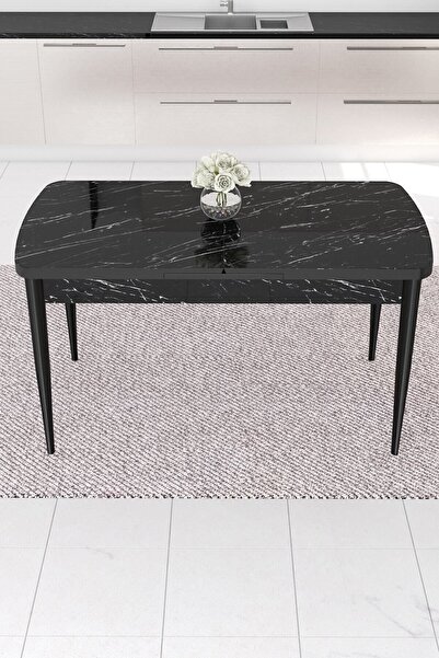 Canisa Nex Serisi 80x132 Açılabilir Mdf Siyah Mermer Desen Mutfak Masası Ve 6 Su Yeşili Sandalye