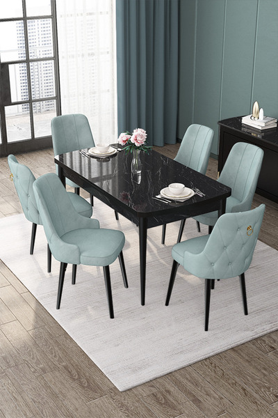 Canisa Nex Serisi 80x132 Açılabilir Mdf Siyah Mermer Desen Mutfak Masası Ve 6 Su Yeşili Sandalye