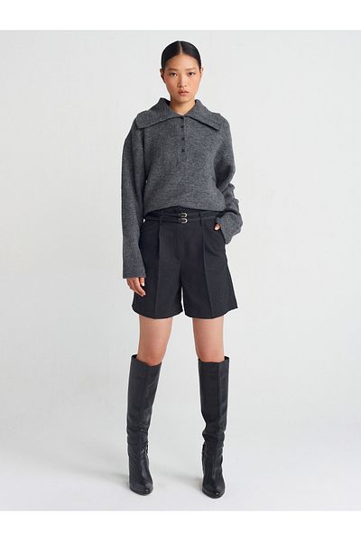 Dilvin 71563 High Waist Shorts with Belt-Anthracite