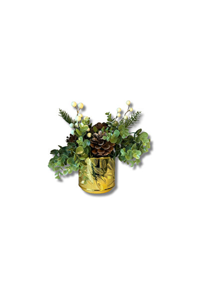 NilCan Flora Parlak Saksıda Dekoratif Kozalak Detaylı Beyaz Kokina