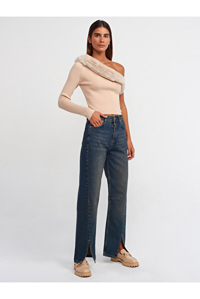 Dilvin 10452 Pulover funcțional cu o singură mânecă cu guler de blană-bej