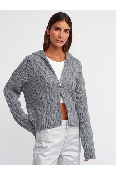 Dilvin 60209 Hooded Hair Knitted Zippered Knitwear Cardigan-Smoked
