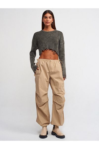 Dilvin 10488 Pulover crop cu detaliu rupt cu decolteu roșu cu efect decolorat-bej