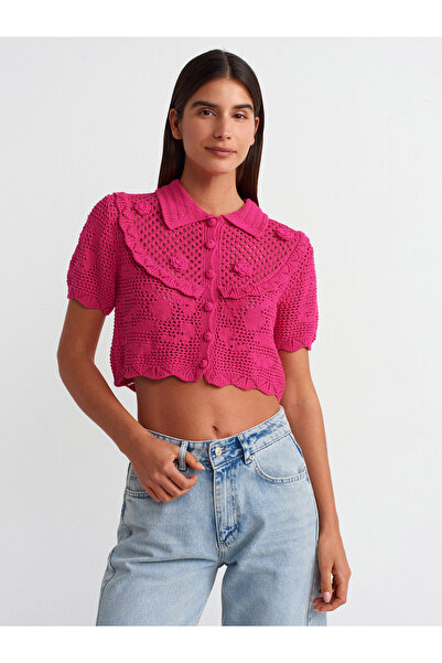 Dilvin 60217 Guler polo Tricotaj ajurat Cardigan-fucsia