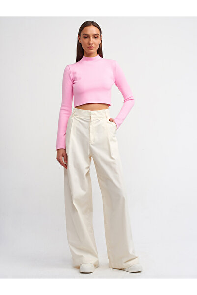 Dilvin 10482 Pulover Crop pe jumătate cu gât țesut-roz