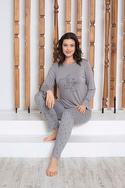 GUAVA+ Set pijama cu mâneci lungi pentru femei cu buline gri