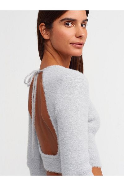 Dilvin 10449 Crew Neck Lace-Up Sweater-grey