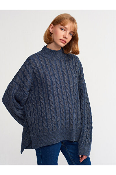 Dilvin 10471 Πλεκτό πουλόβερ με πλαϊνά μέρη άνοιγμα Με γκλίτερ - Indigo-S.