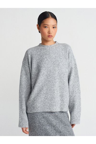 Dilvin 10640 Crew Neck Soft Textured Knitwear Sweater-Medium Gray