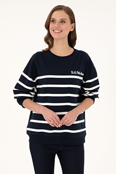 U.S. Polo Assn. سويت شيرت نسائي مخطط باللون الأزرق الداكن برقبة دائرية 502972...