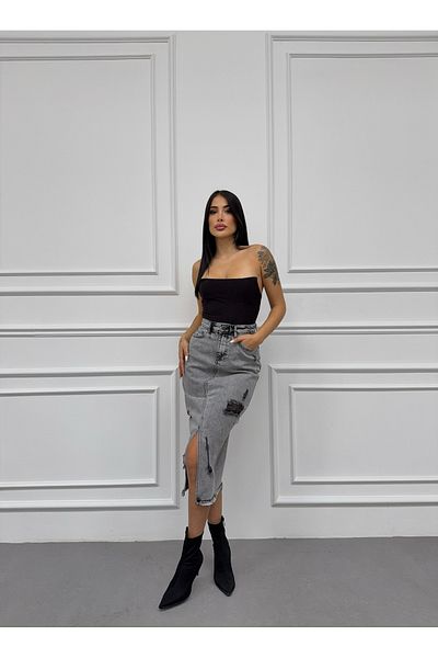 XBELLA DENİM Džínová sukně v kouřové barvě - praní ve sněhu a řezání laserem