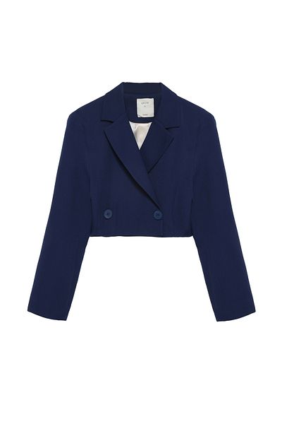 Quzu Διπλό στήθος Crop Blazer Jacket Navy Blue