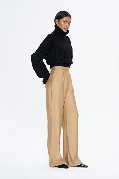 Quzu Панталон с висока талия и широки крачоли в цвят камила