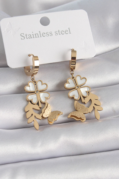 Skygo 316L Steel Gold Color White Pearlescent Clover Silvery Butterfly Figure Women's Earrings - Tj-Bkp9566