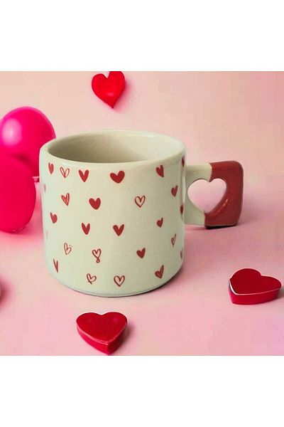 ikiseramik Red Little Hearts Illustrated Handmade Natural Ceramic Heart Mug Cup / Mug - Tea & Coffee Cup