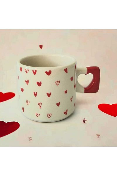 ikiseramik Red Little Hearts Illustrated Handmade Natural Ceramic Heart Mug Cup / Mug - Tea & Coffee Cup