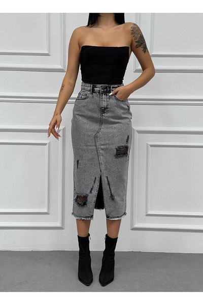 XBELLA DENİM Džínová sukně v kouřové barvě - praní ve sněhu a řezání laserem