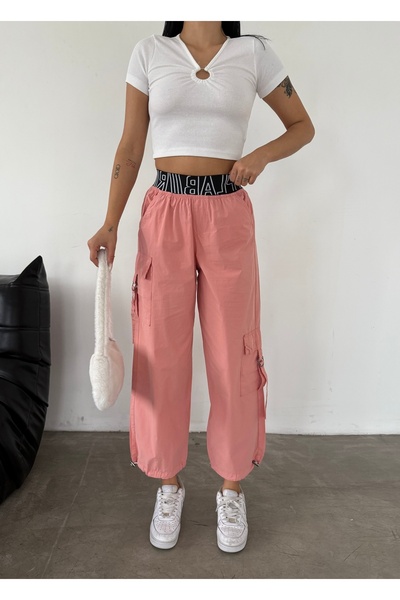 XBELLA DENİM Kadın Yüksek Pembe Beyaz Paraşüt Kumaş Kargo Cep Bel Ve Paça Lastikli Pantolon