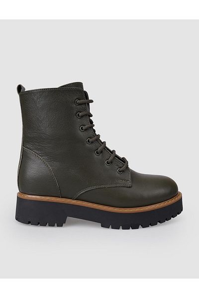 Cabani 100% Genuine Leather Khaki Lace up Zippered Women's Boots