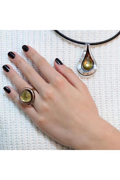 veraART Handmade Murano Glass Set of 2 Gold Yellow Necklace and Ring Valencia