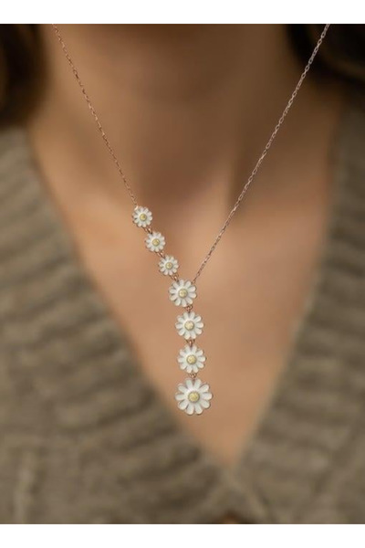 Nereze 925 Ayar Sıralı Papatya Kolye Bayan Gümüş Kolye