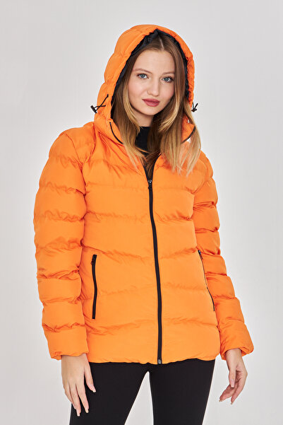 QAWWA Women's Lined Hooded Windproof Orange Inflatable Winter Coat