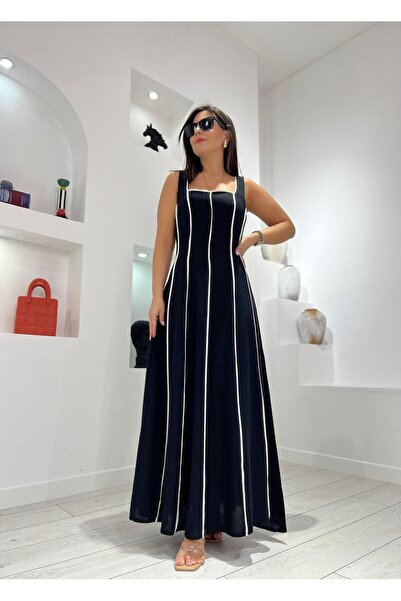 Genel Markalar Kare Yaka Şerit Detaylı Siyah Elbise