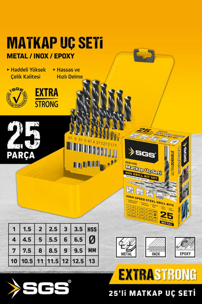 SGS SGS1420 25 PARÇA HSS MATKAP UCU SETİ METAL STANDLI KUTULU