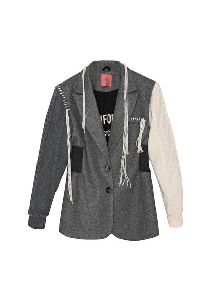Quzu Tasseled Blazer Jacket with Sleeves Knitwear Dark Grey