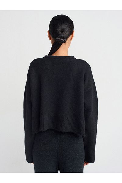 Dilvin 60280 Stand Collar Buttoned Soft Textured Slit Knitwear Cardigan-Black
