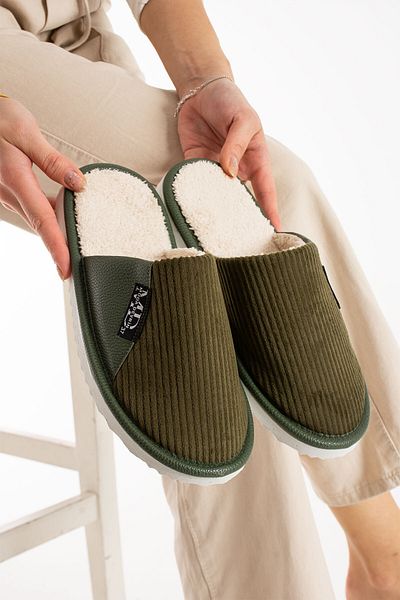 Moda Devrin Παντόφλες Unisex Χακί Ημιδερμάτινες με Μάλλινο Εσωτερικό