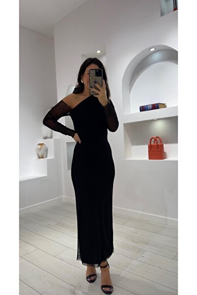 kubraozbeybutik Tül Detaylı Tek Omuz Elbise