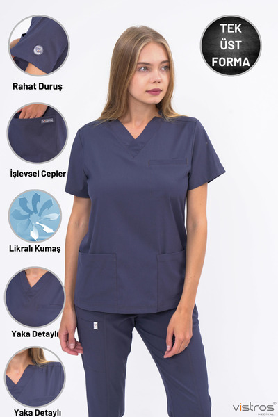 Vistros Medikal Likralı Üst - Kısa Kollu V Yaka Yüksek Kaliteli Likralı Scrub...