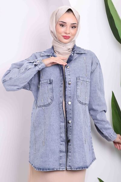 İmajButik Jachetă din denim cu buzunar de piatră albastră