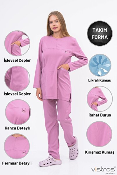Vistros Medikal Tesettür Lüks Likralı Medikal Üniforma Antrasit Doktor Hemşir...