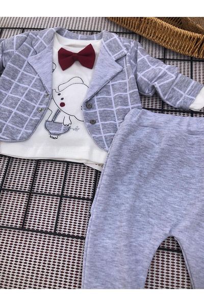 tinitins Baby Boy Square Cardigan with Bow Tie 3-Piece Set