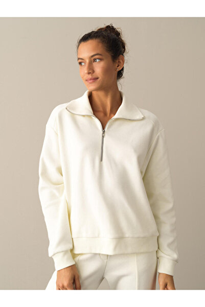 Xint Kadın Ekru Pamuk Dokulu Pamuklu Oversize Sweatshirt